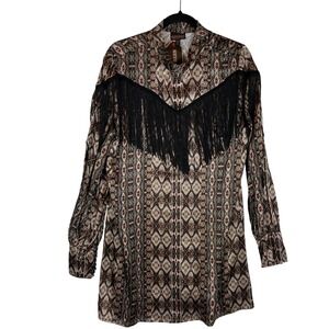 SHYANNE Western Fringe Patterned Long Sleeve Shirt Dress Women's Size L